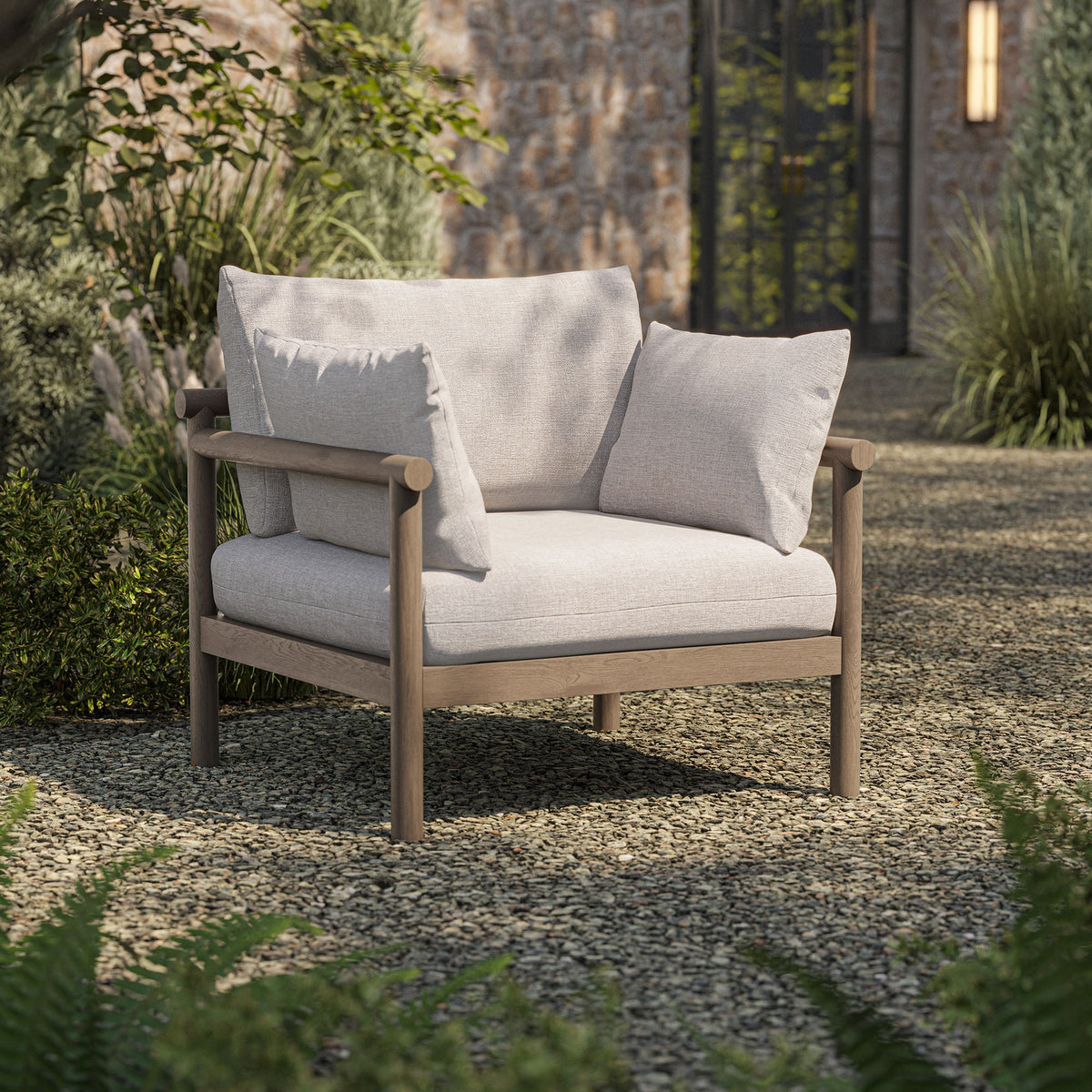 Eleni outdoor teak wood armchair with beige cushions and natural wood frame for patio on Tampa Home & Garden Store