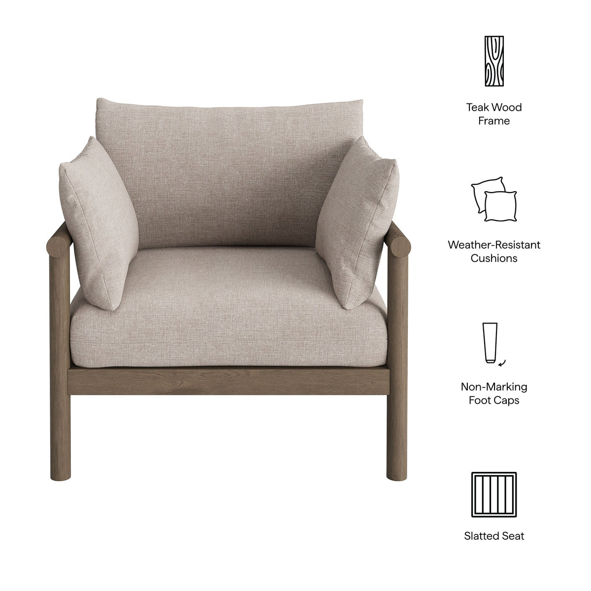 Eleni Outdoor Patio Teak Wood Armchair with beige cushions and solid wood frame on Tampa Home & Garden Store
