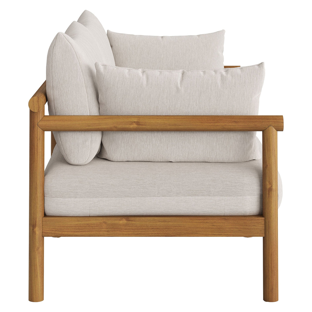 Eleni 2-Piece Outdoor Teak Wood Loveseat with Ottoman set in beige cushions, teak frame on Tampa Home & Garden Store