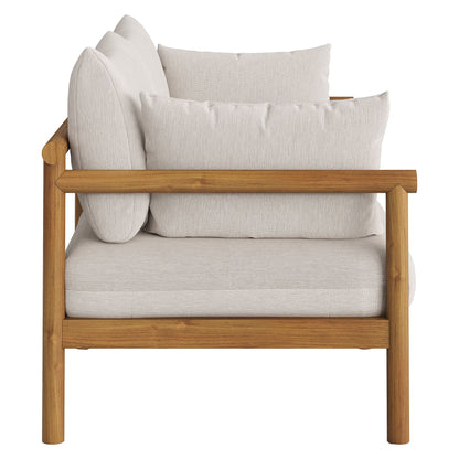 Eleni 2-Piece Outdoor Teak Wood Loveseat with Ottoman set in beige cushions, teak frame on Tampa Home & Garden Store