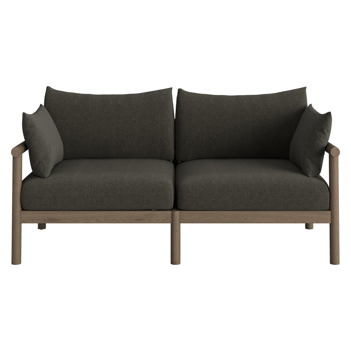 Eleni 2-piece outdoor teak wood loveseat with ottoman set dark gray cushions and wood frame on Tampa Home & Garden Store