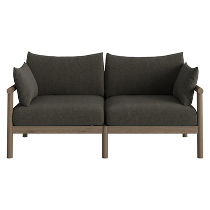 Eleni 2-piece outdoor teak wood loveseat with ottoman set dark gray cushions and wood frame on Tampa Home & Garden Store