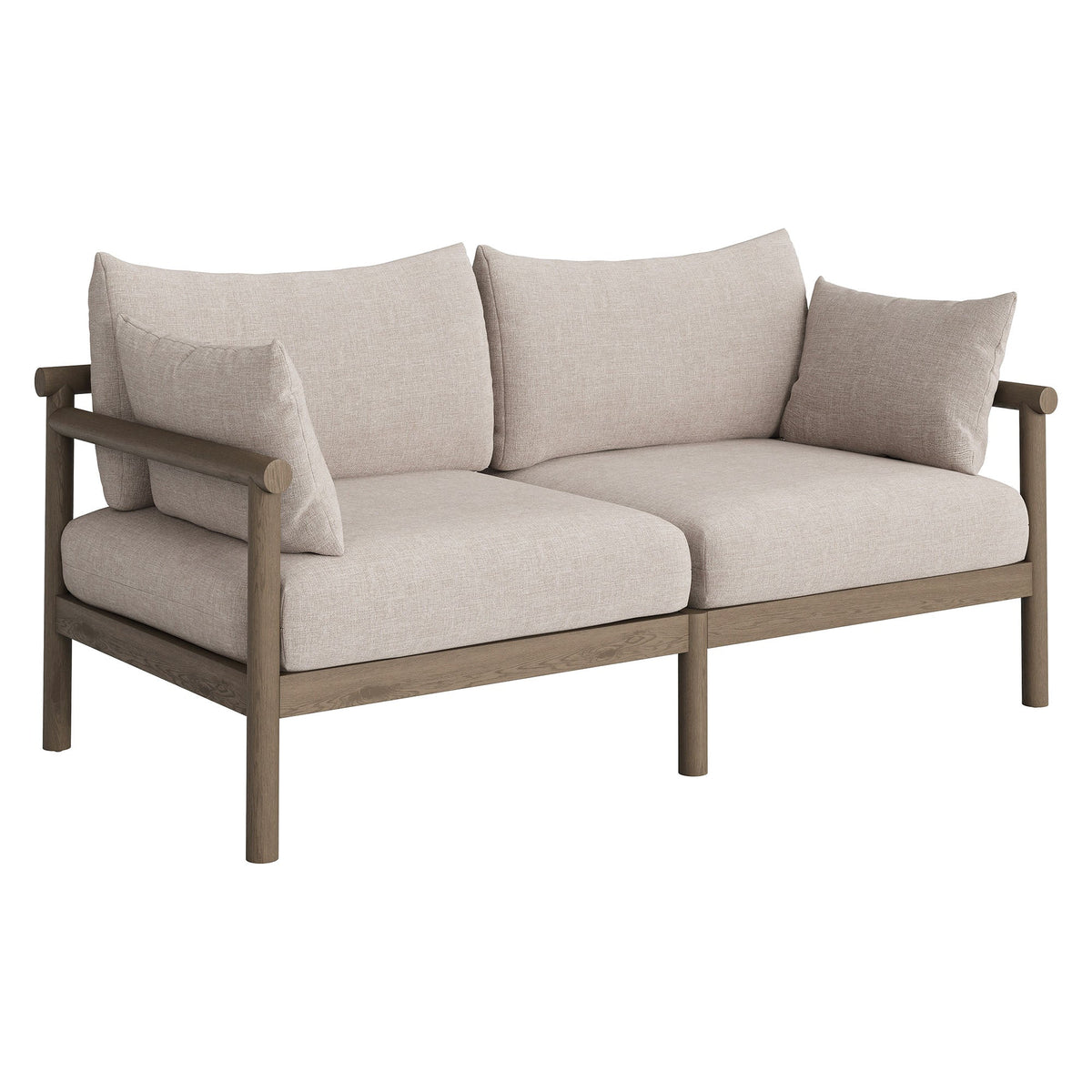 Eleni 2-Piece Outdoor Teak Wood Loveseat with Ottoman, beige cushions, wooden frame on Tampa Home & Garden Store