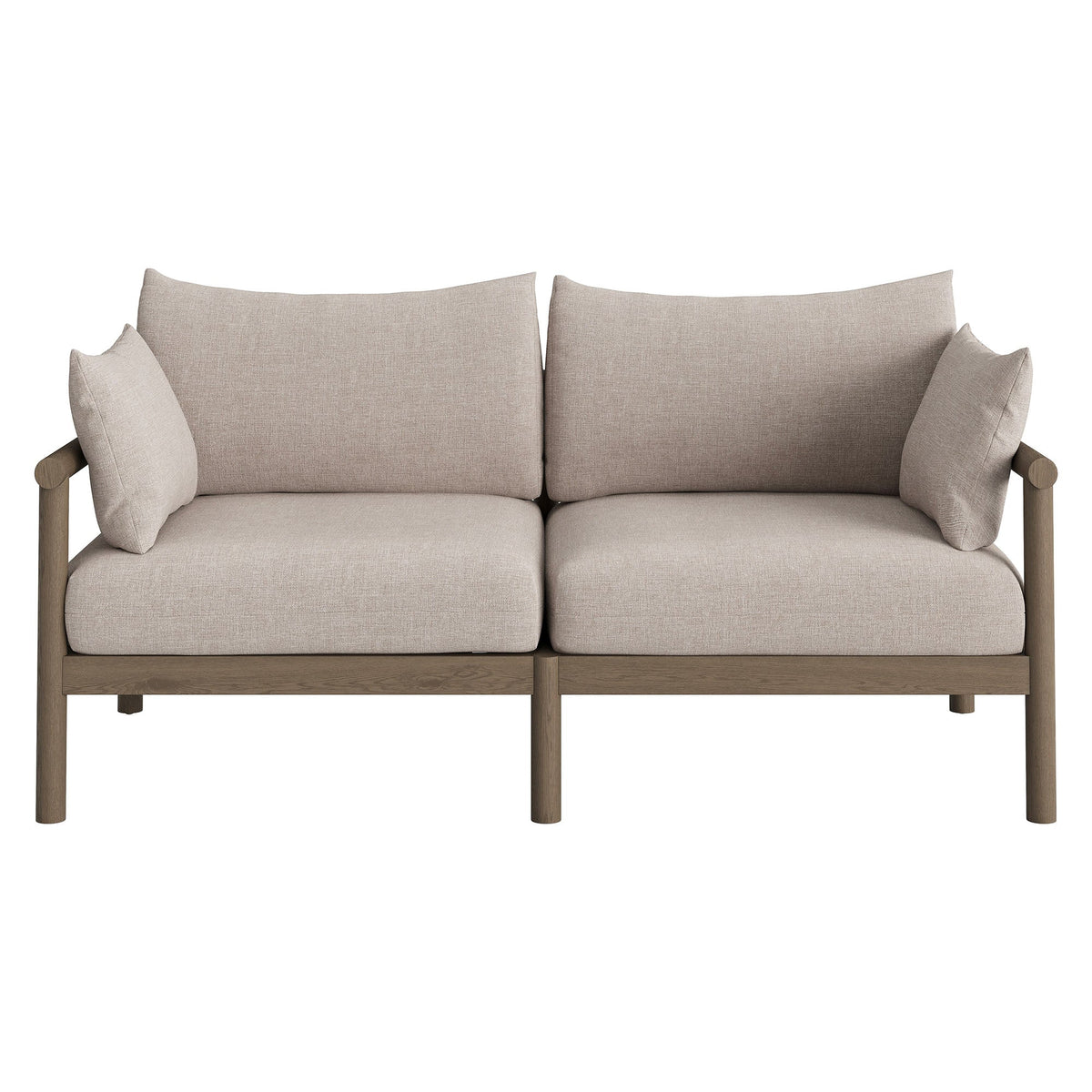 Eleni teak wood outdoor loveseat with beige two-seat cushions and wooden armrests on Tampa Home & Garden Store