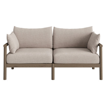 Eleni teak wood outdoor loveseat with beige two-seat cushions and wooden armrests on Tampa Home & Garden Store