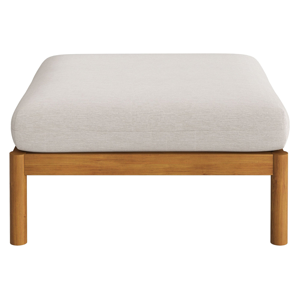 Eleni outdoor beige fabric ottoman cushion on natural teak wood frame on Tampa Home & Garden Store