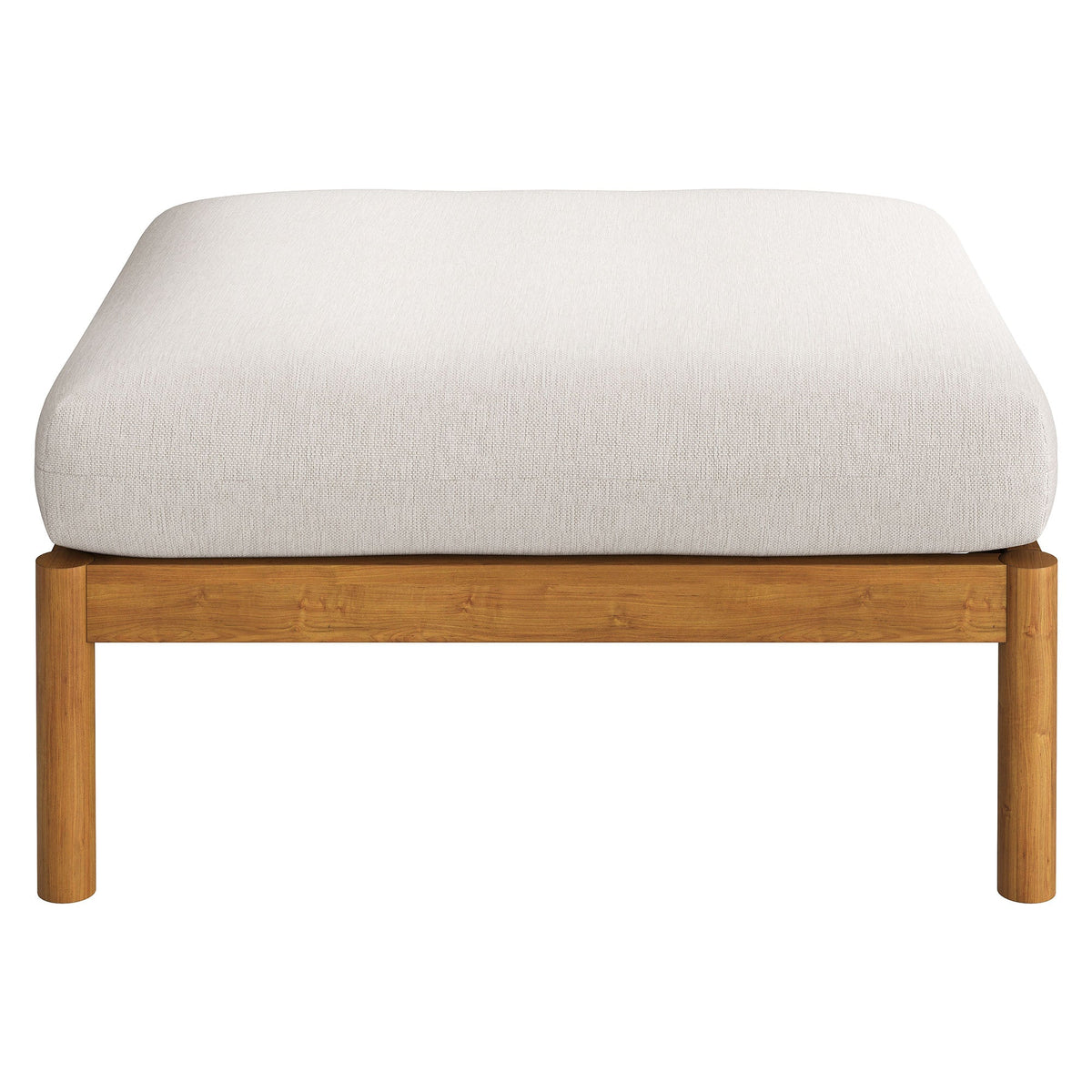Eleni square outdoor patio teak wood ottoman with beige woven cushion on natural teak frame on Tampa Home & Garden Store