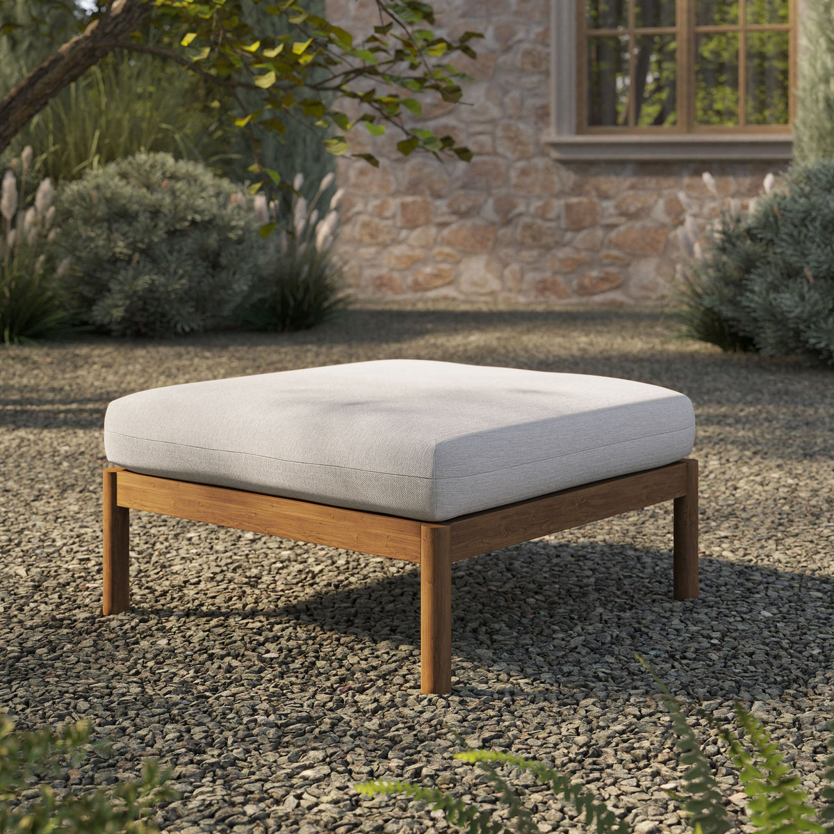 Eleni Square Outdoor Teak Wood Ottoman by Modway with light gray cushion on teak frame on Tampa Home & Garden Store