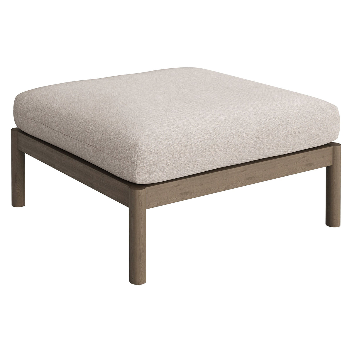 Eleni square outdoor teak wood ottoman with beige cushion on a wood frame on Tampa Home & Garden Store
