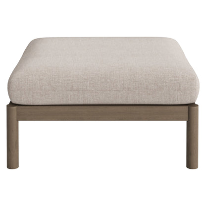 Eleni 2-Piece outdoor teak loveseat and ottoman cushion on natural beige fabric, wooden frame on Tampa Home & Garden Store
