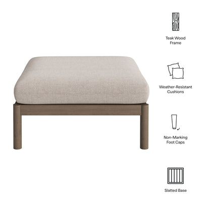 Eleni Square Teak Wood Ottoman by Modway with beige weather-resistant cushions on a teak frame on Tampa Home & Garden Store