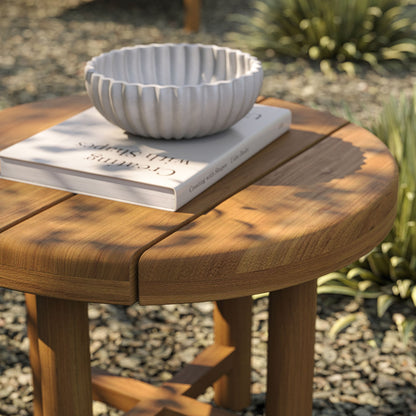 Eleni 20-Inch Round Outdoor Patio Teak Wood Side Table by Modway with ribbed gray ceramic bowl on Tampa Home & Garden Store