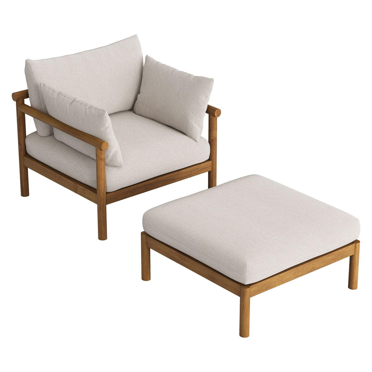 Eleni 2-Piece Outdoor Teak Wood Armchair and Ottoman Set with beige cushions on Tampa Home & Garden Store