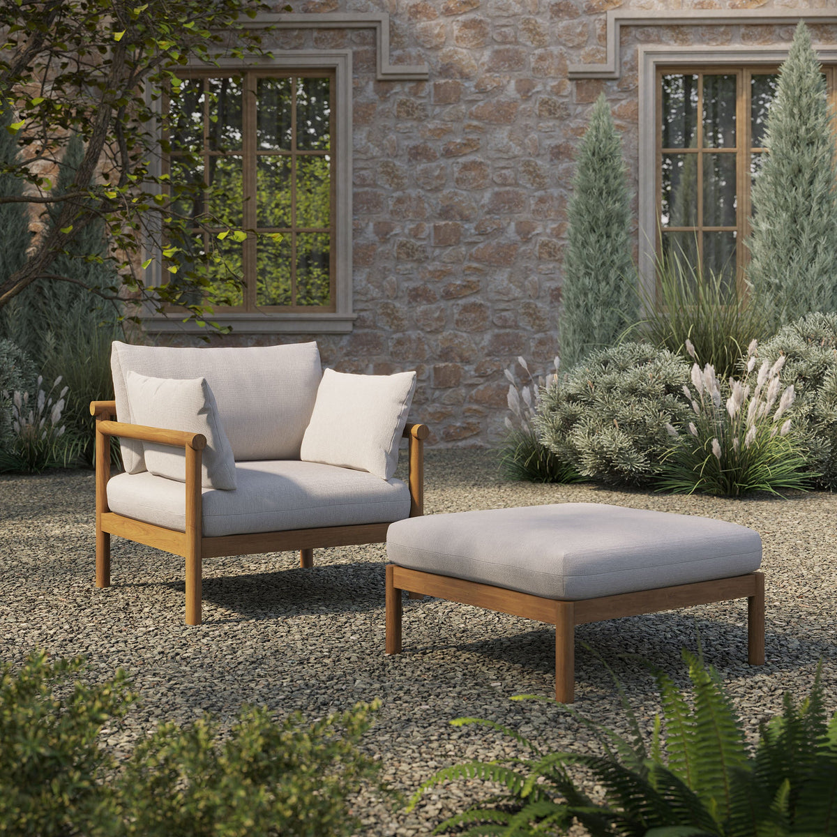 Eleni 2-piece outdoor teak wood armchair and ottoman with beige cushions on patio on Tampa Home & Garden Store