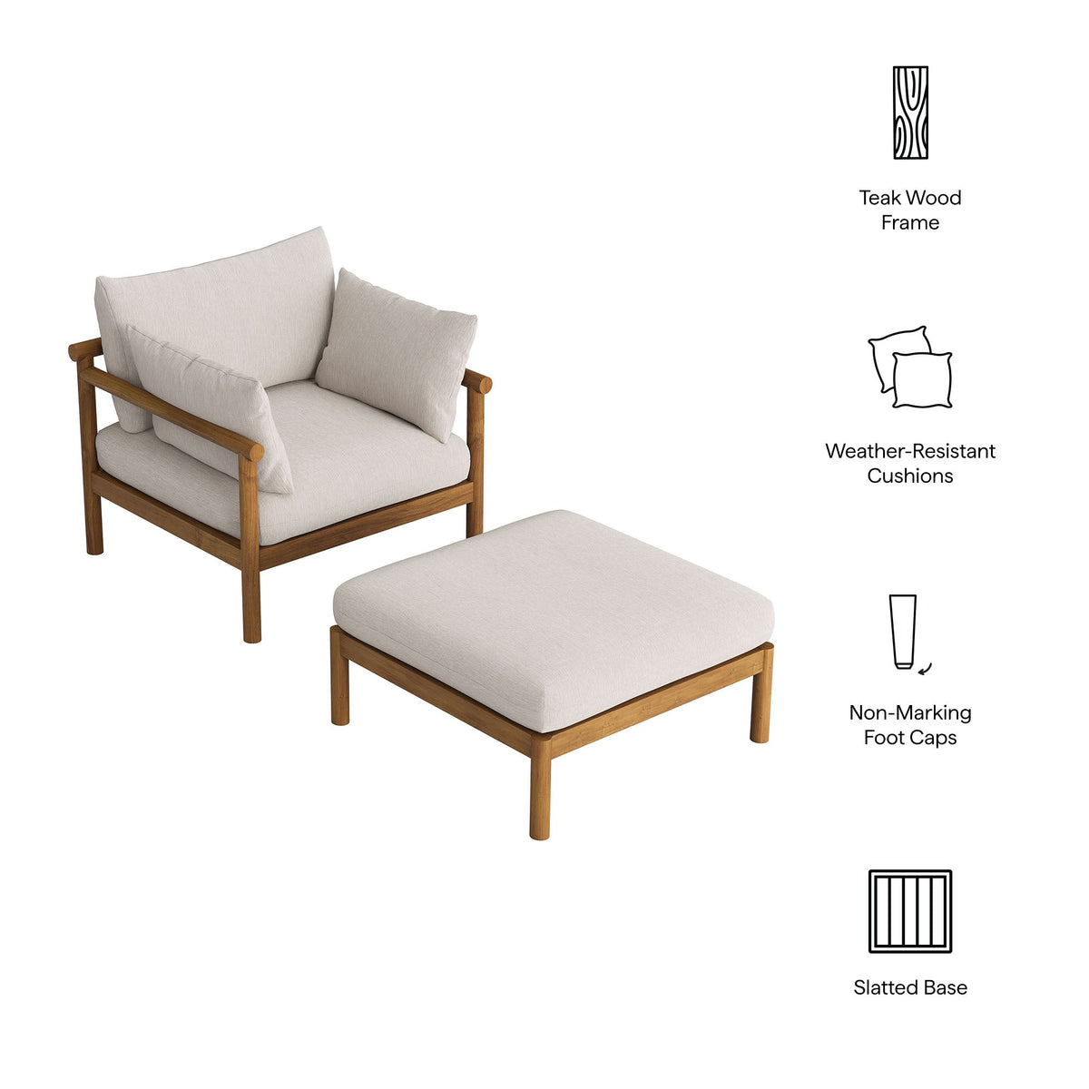 Eleni 2-Piece outdoor teak wood armchair and ottoman set with beige cushions and teak frame on Tampa Home & Garden Store