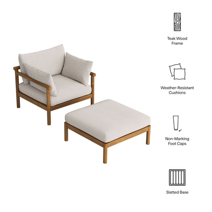 Eleni 2-Piece outdoor teak wood armchair and ottoman set with beige cushions and teak frame on Tampa Home & Garden Store