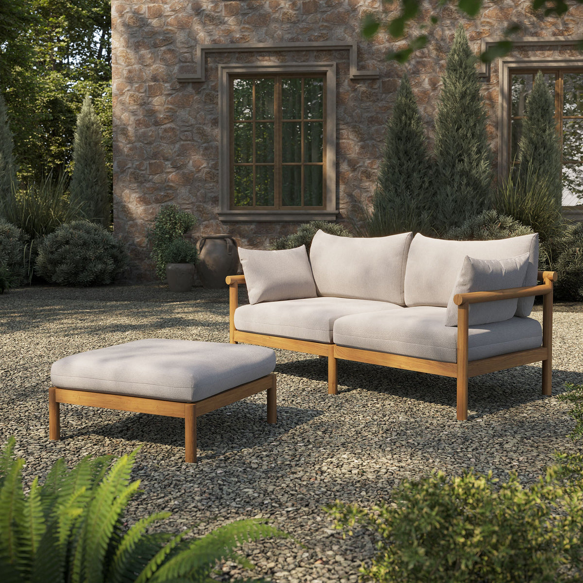 Eleni 2-Piece Outdoor Teak Loveseat with Ottoman in teak and beige cushions by HouseOfZazla on Tampa Home & Garden Store