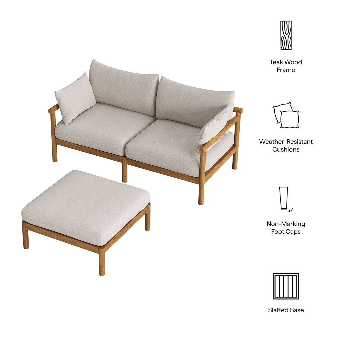 Eleni 2-Piece Outdoor Teak Wood Loveseat with Ottoman beige cushions teak frame by Modway on Tampa Home & Garden Store