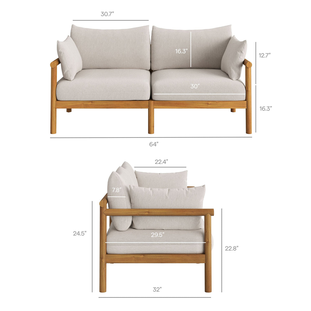 Eleni 2-Piece outdoor teak loveseat with ottoman set by HouseOfZazla, beige cushions on Tampa Home & Garden Store