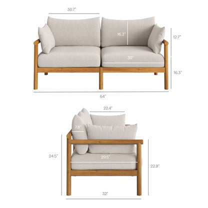 Eleni 2-Piece outdoor teak loveseat with ottoman set by HouseOfZazla, beige cushions on Tampa Home & Garden Store