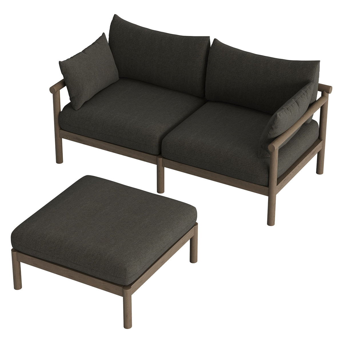 Eleni 2-Piece Outdoor Teak Loveseat with Ottoman set dark charcoal cushions and teak frame on Tampa Home & Garden Store