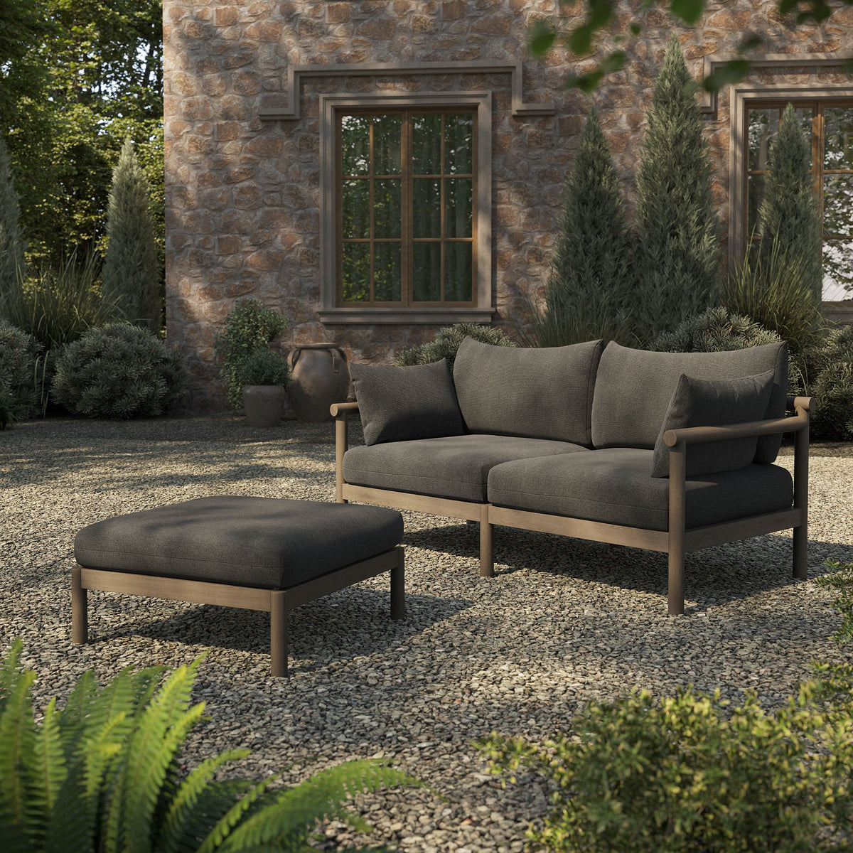 Eleni 2-Piece Outdoor Teak Wood Loveseat and Ottoman with charcoal cushions HouseOfZazla on Tampa Home & Garden Store