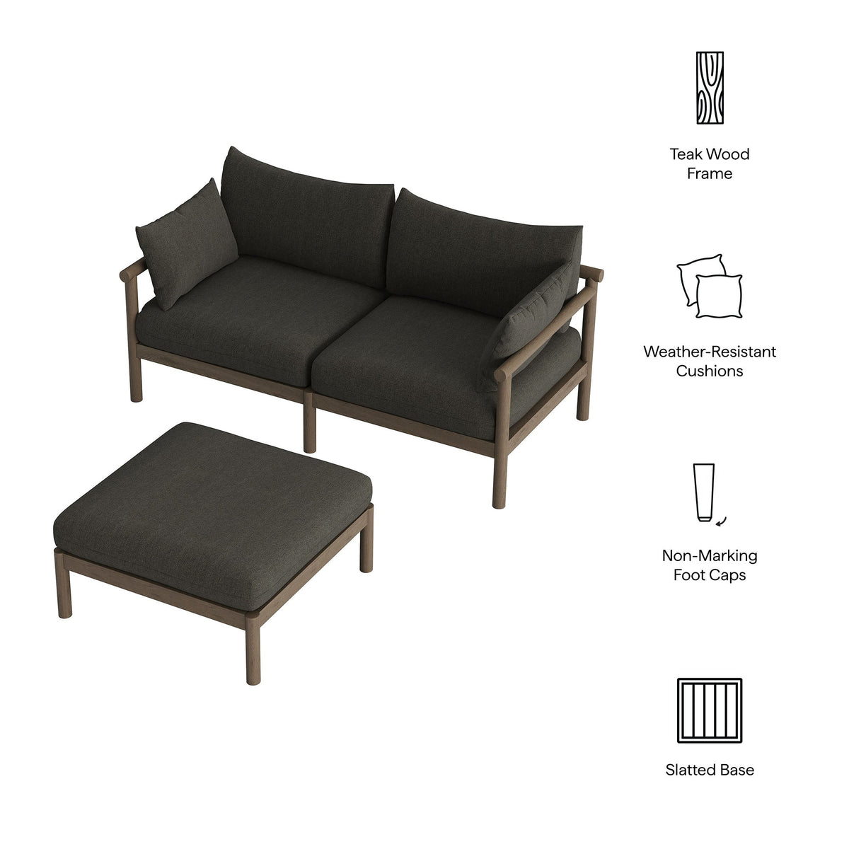Eleni 2-Piece Outdoor Teak Wood Loveseat with Ottoman set, dark charcoal cushions, teak wood frame on Tampa Home & Garden Store