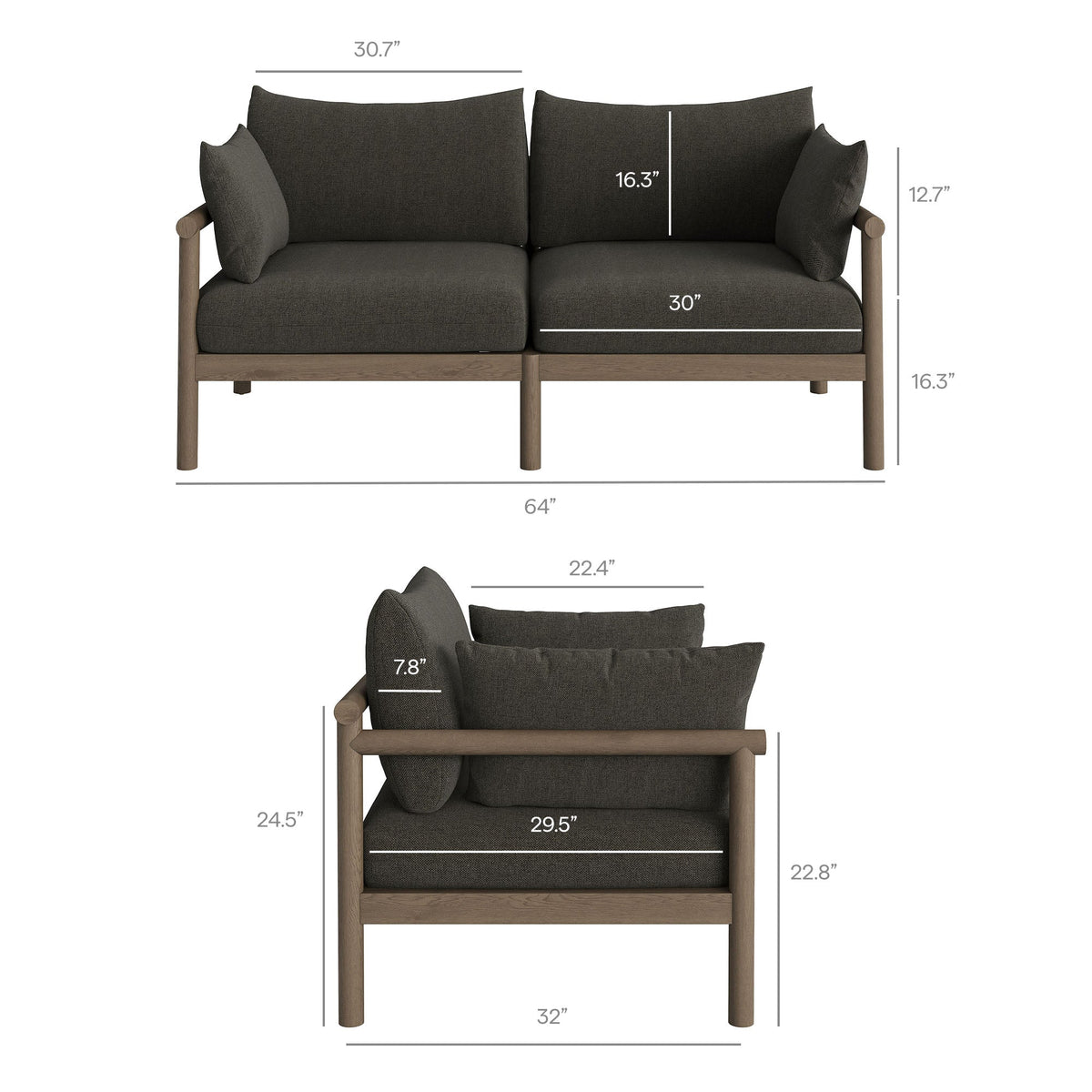 Eleni 2-Piece outdoor teak wood loveseat with ottoman, dark gray cushions, Modway on Tampa Home & Garden Store