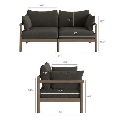 Eleni 2-Piece outdoor teak wood loveseat with ottoman, dark gray cushions, Modway on Tampa Home & Garden Store