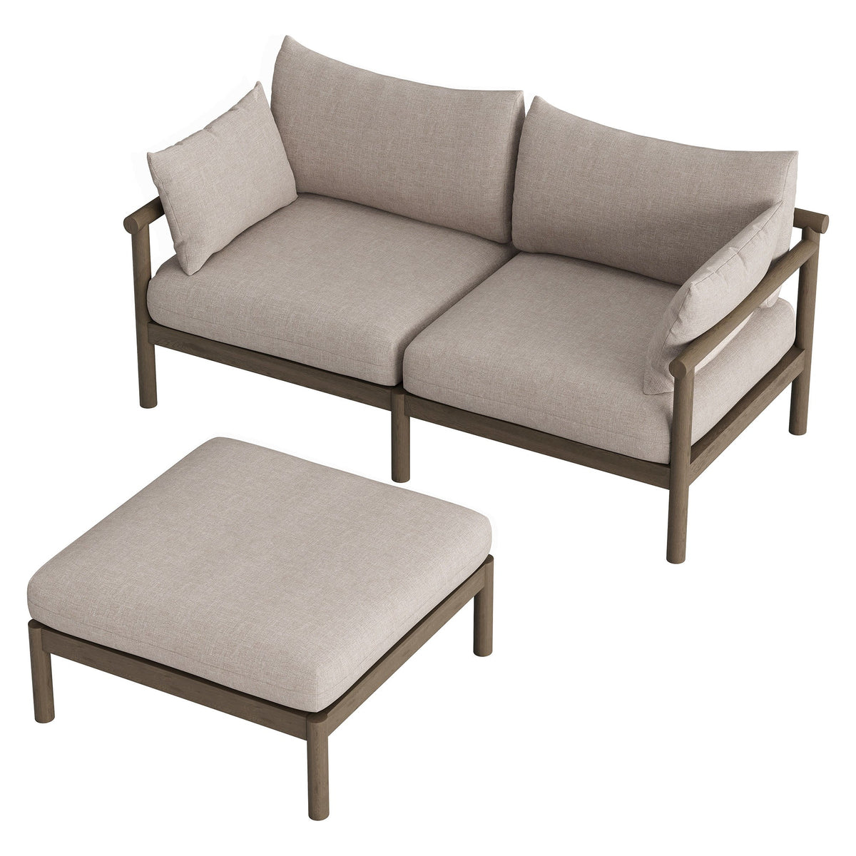Eleni outdoor teak wood loveseat with ottoman, beige cushions, 2-piece set on Tampa Home & Garden Store