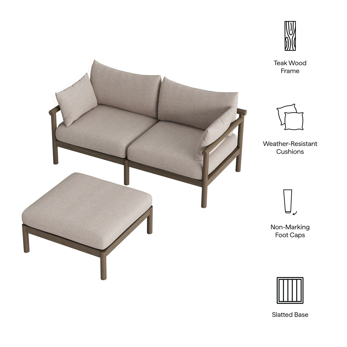 Eleni 2-Piece outdoor teak wood loveseat with ottoman beige cushions on Tampa Home & Garden Store