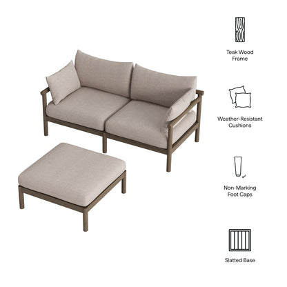 Eleni 2-Piece outdoor teak wood loveseat with ottoman beige cushions on Tampa Home & Garden Store
