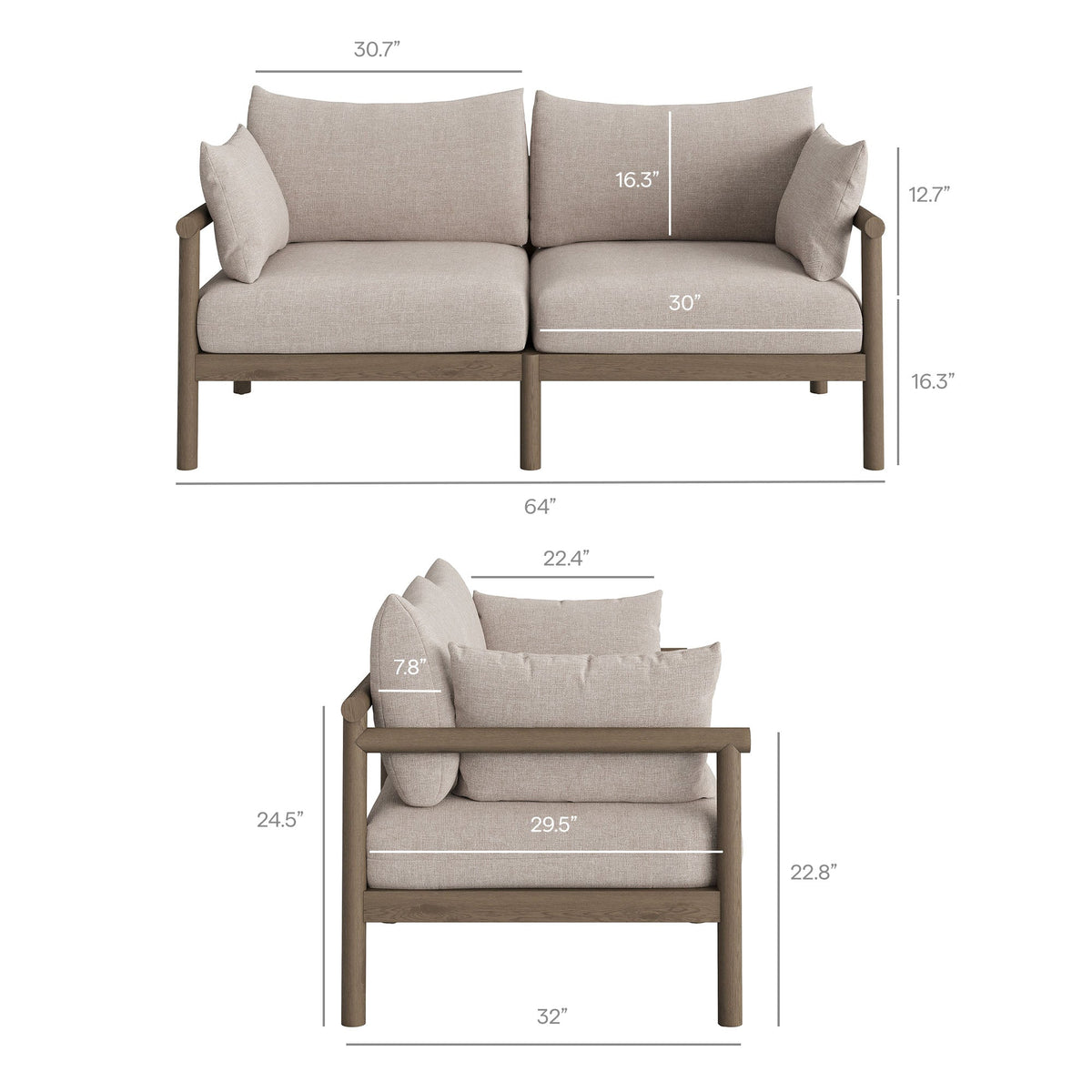 Eleni 2-Piece Outdoor Teak Wood Loveseat with Ottoman Set beige cushions teak frame on Tampa Home & Garden Store