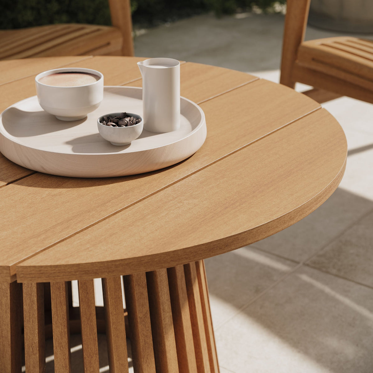 Lane Round Outdoor Teak Wood Coffee Table with slatted wooden base on Tampa Home & Garden Store
