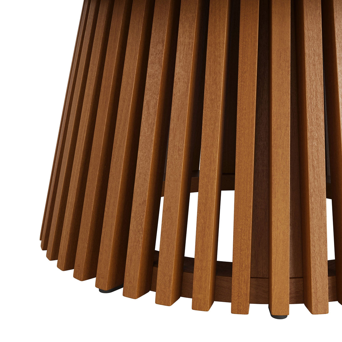 Lane Round Outdoor Teak Wood Coffee Table base with curved slats in warm teak finish on Tampa Home & Garden Store