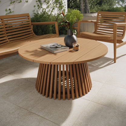Lane Round Outdoor Teak Wood Coffee Table by Modway, natural teak with slatted pedestal base on Tampa Home & Garden Store
