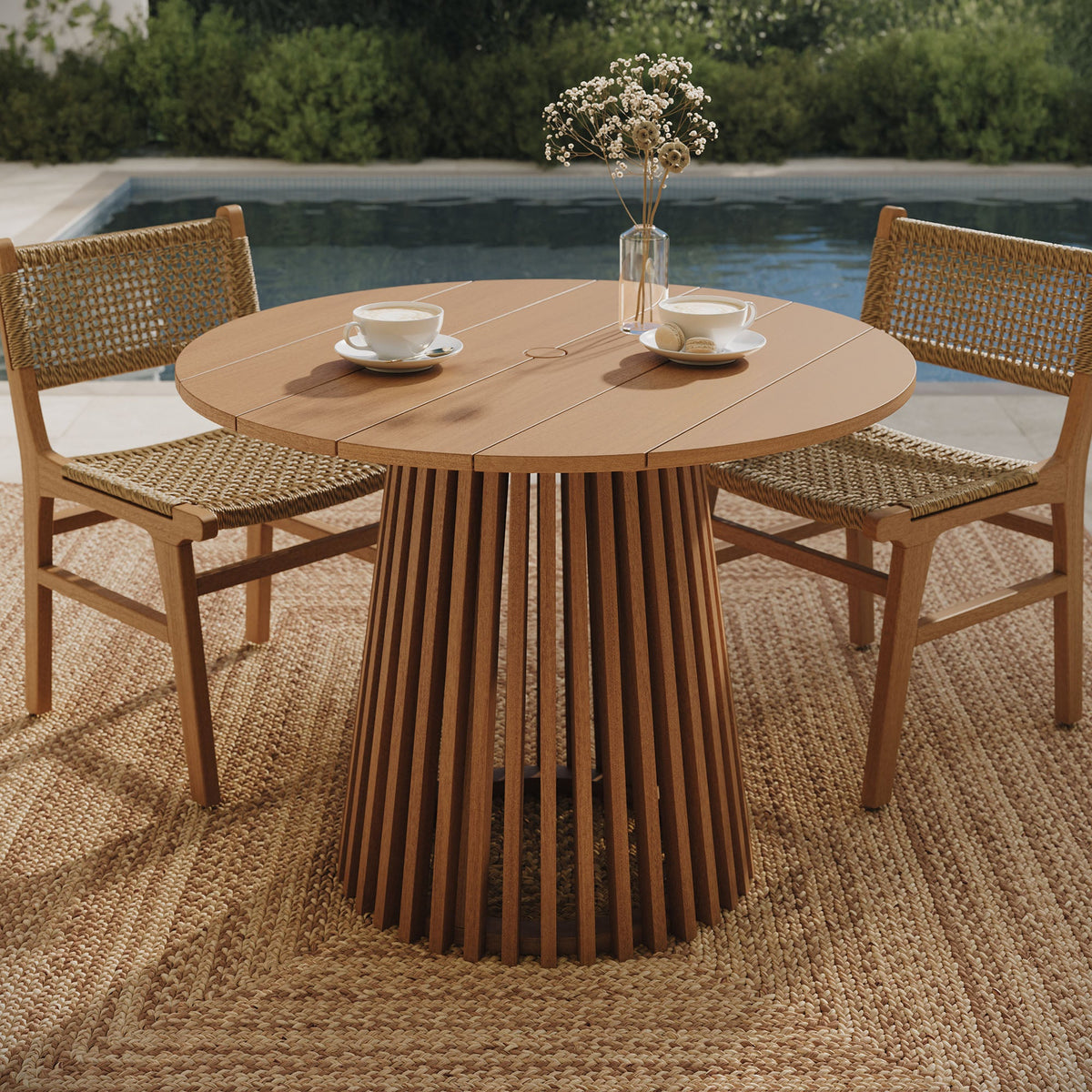 Lane Round Outdoor Teak Wood Dining Table by Modway in natural finish with wicker chairs on Tampa Home & Garden Store