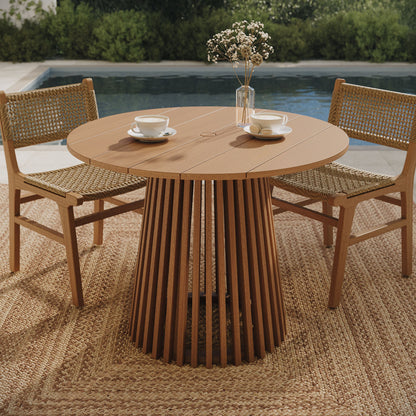 Lane Round Outdoor Teak Wood Dining Table by Modway in natural finish with wicker chairs on Tampa Home & Garden Store