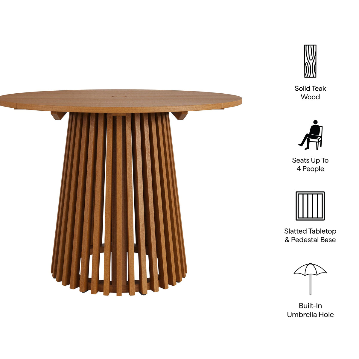 Lane Round Outdoor Teak Wood Dining Table with a slatted pedestal base in natural teak finish on Tampa Home & Garden Store