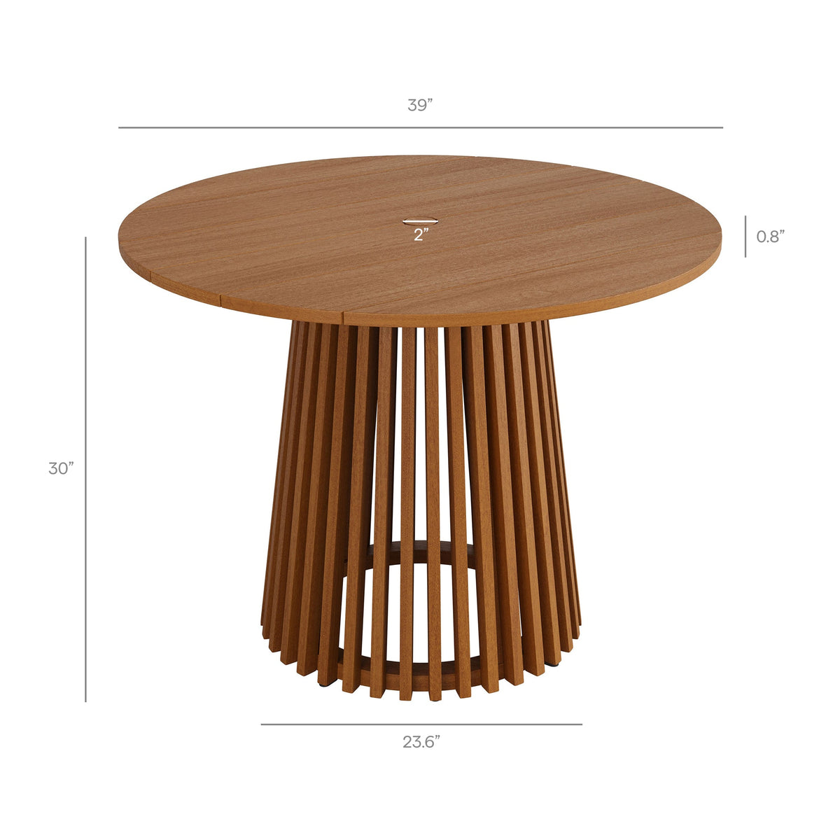 Lane Round Outdoor Patio Teak Wood Dining Table with a slatted pedestal base in warm brown on Tampa Home & Garden Store