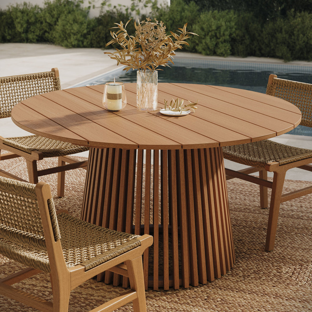 Lane round teak outdoor dining table by Modway with slatted pedestal base and rattan chairs on Tampa Home & Garden Store