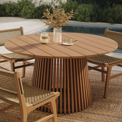 Lane round teak outdoor dining table by Modway with slatted pedestal base and rattan chairs on Tampa Home & Garden Store