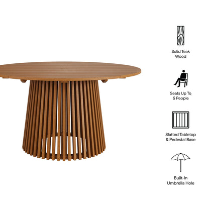 Lane Round Outdoor Teak Wood Dining Table by Modway, solid teak with slatted pedestal base on Tampa Home & Garden Store