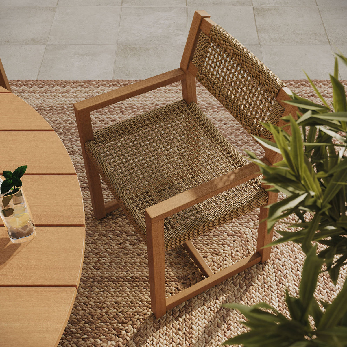 Reed Outdoor Patio Teak Wood Rattan Dining Chair pair with natural wood frame and woven back on Tampa Home & Garden Store