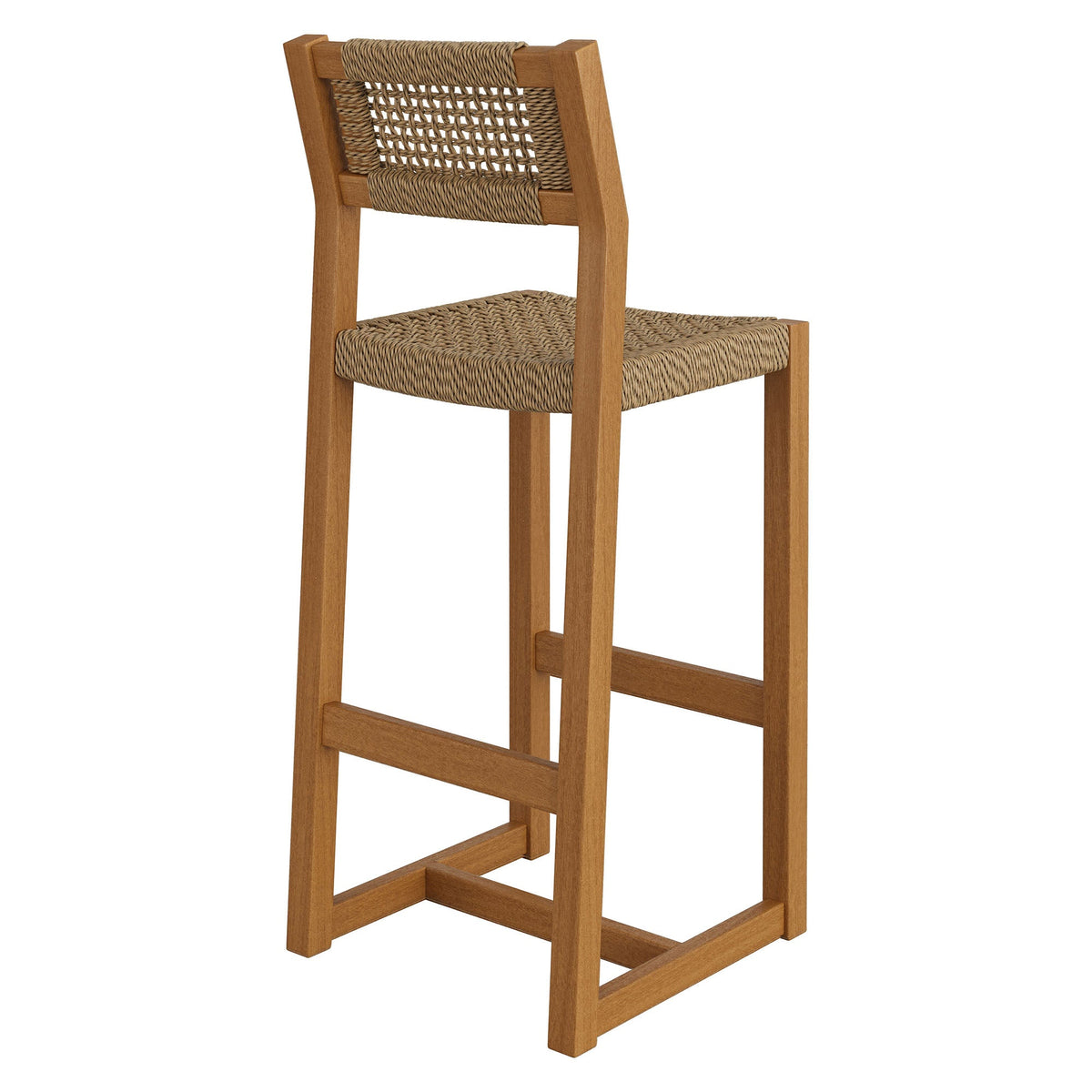 Reed 44in teak outdoor bar stool with woven rattan back and seat by HouseOfZazla on Tampa Home & Garden Store