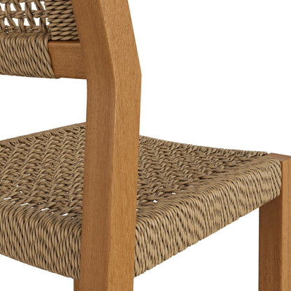 Reed 44in outdoor teak wood bar stool close-up of woven rattan seat and wooden frame on Tampa Home & Garden Store