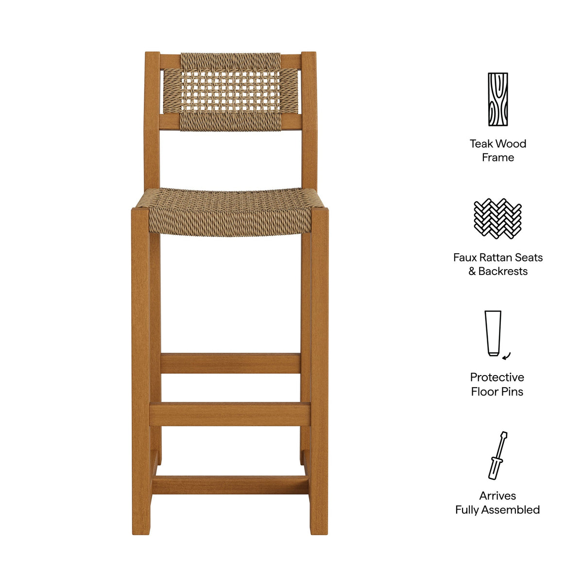 Reed 44 Inch outdoor teak wood bar stool with woven faux rattan seat and backrest on Tampa Home & Garden Store