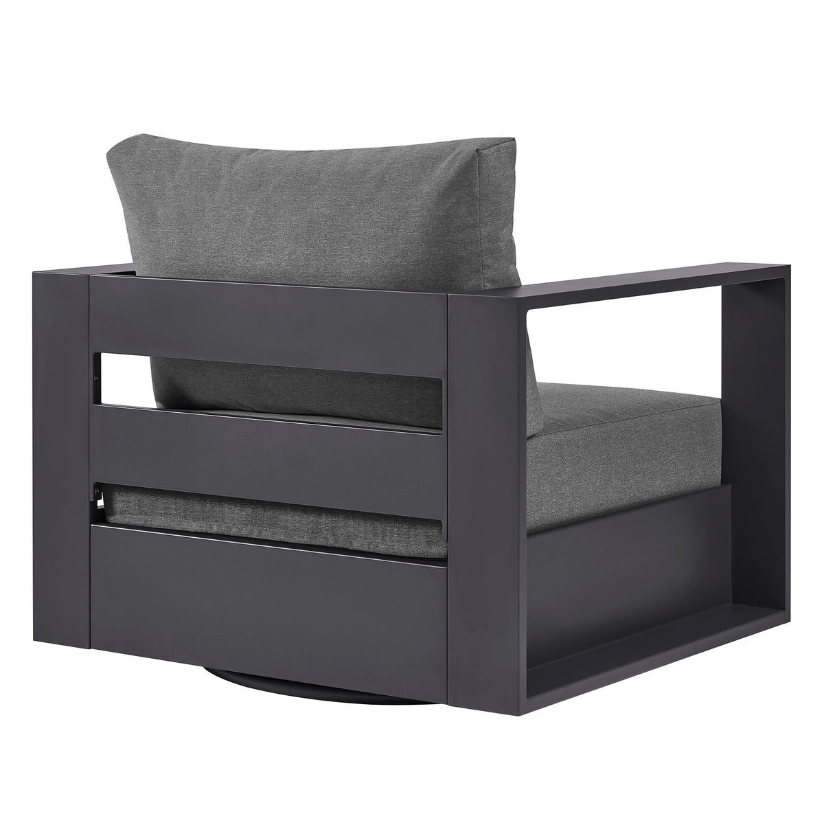 Tahoe outdoor swivel armchair with powder-coated aluminum frame and gray fabric cushions on Tampa Home & Garden Store