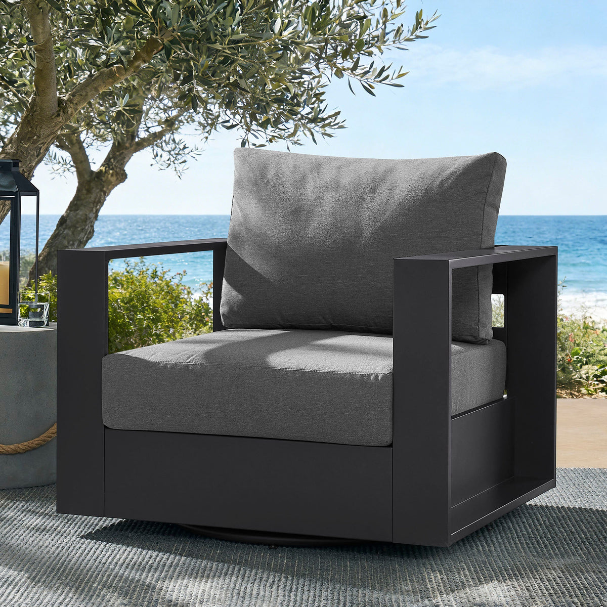 Tahoe outdoor swivel armchair by Modway with powder-coated aluminum frame and gray cushions on Tampa Home & Garden Store
