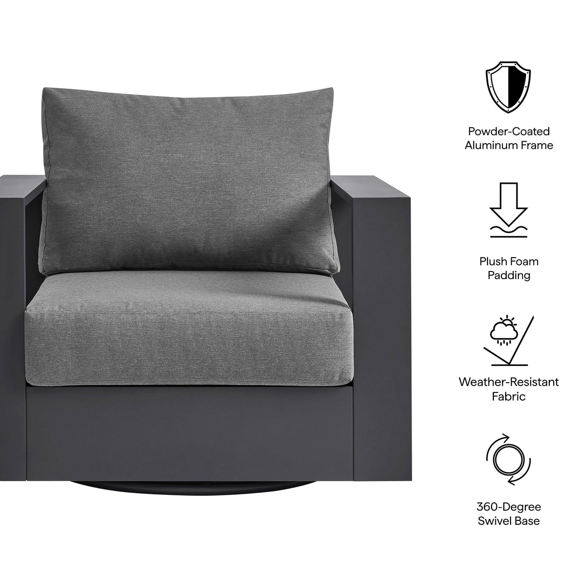 Tahoe Outdoor Patio Swivel Armchair with powder-coated aluminum frame and charcoal cushions on Tampa Home & Garden Store
